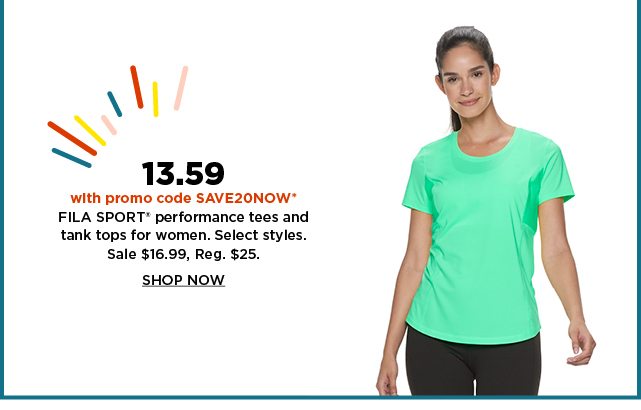 13.59 with promo code SAVE20NOW fila sport performance tees and tank tops for women. sale $16.99. 