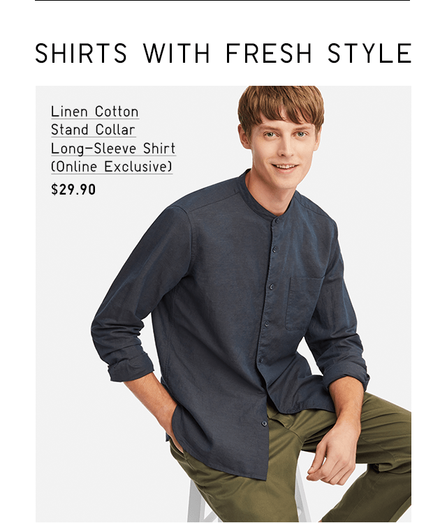 LINEN COTTON STAND COLLAR. LONG-SLEEVE SHIRT (ONLINE EXCLUSIVE) $29.90