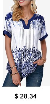 Short Sleeve Retro Print Split Neck Blouse