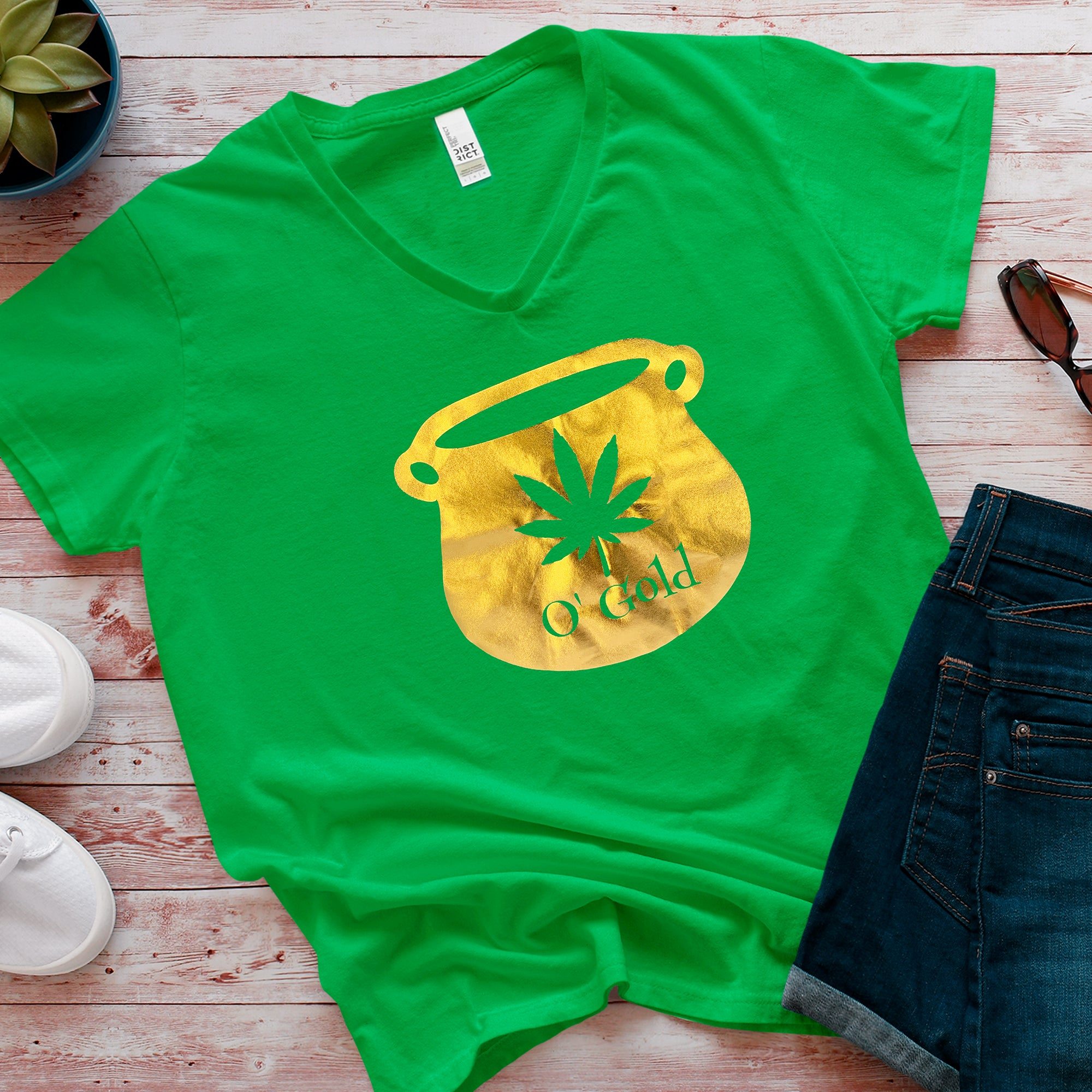 Image of Pot Leaf Pot of Gold Green Frost V-Neck Tee Shirt