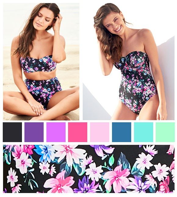 L: Figleaves Dahlia Underwired Bandeau Bikini Floral Top (D-G) £34, High-Waist Briefs £18 R:Figleaves Dahlia Underwired Bandeau Floral Swimsuit (D-G) £50