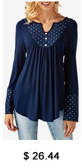 Polka Dot Print Split Neck Navy Curved Blouse