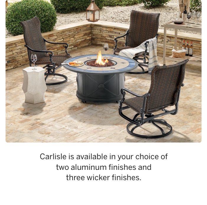 Carlisle is available in your choice of two aluminum finishes and three wicker finishes.