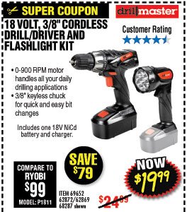 18 Volt 3/8 in. Cordless Drill/Driver And Flashlight Kit