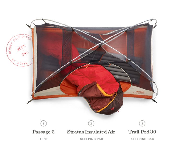 WEEK ONE - MEMBER ONLY OFFER - MARCH 23 – MARCH 29 - 1 - Passage 2 - TENT - 2 - Stratus Insulated Air - SLEEPING PAD - 3 - Trail Pod 30 - SLEEPING BAG