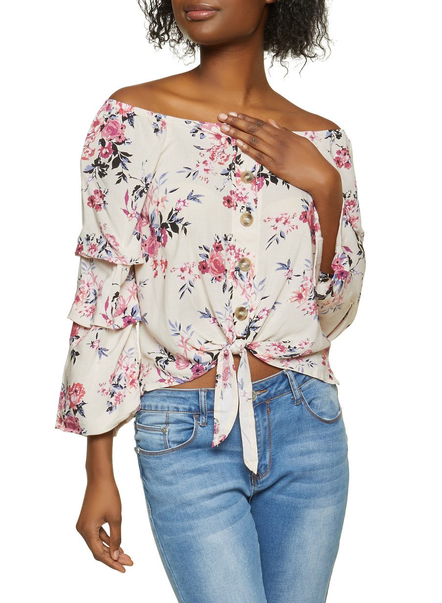 Ruched Sleeve Floral Off the Shoulder Top