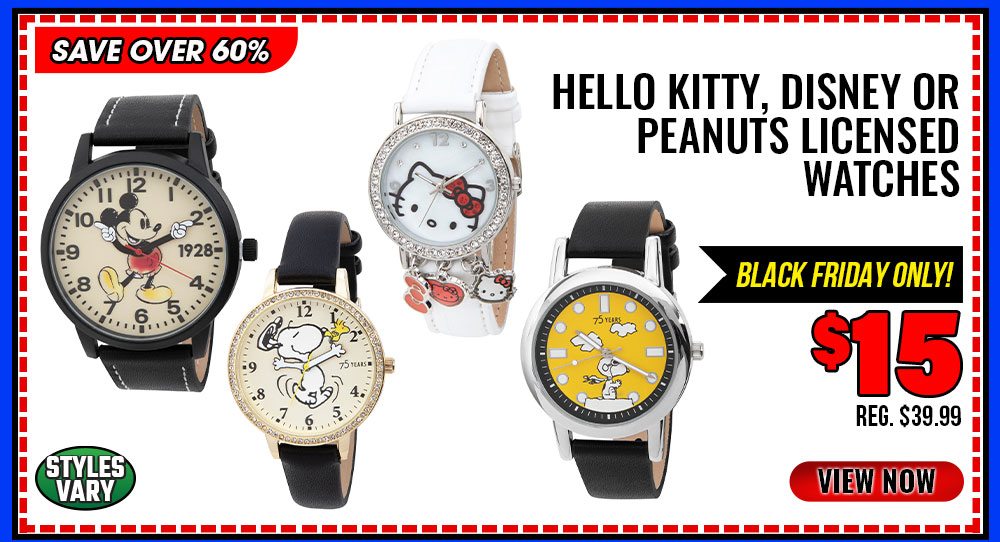 HELLO KITTY, DISNEY OR PEANUTS LICENSED WATCHES