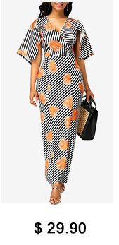 Half Sleeve V Neck Striped Maxi Dress