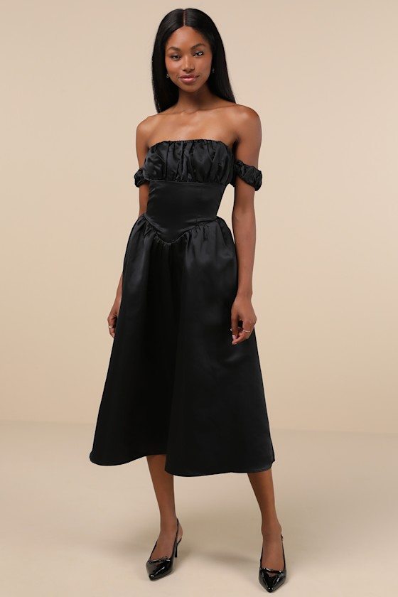 Image of Coquette Essence Black Satin Off-the-Shoulder Lace-Up Midi Dress