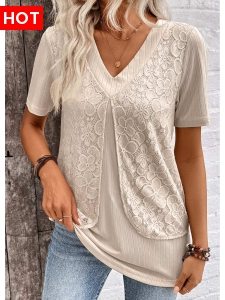 ROTITA Layered Light Camel V Neck Short Sleeve Blouse