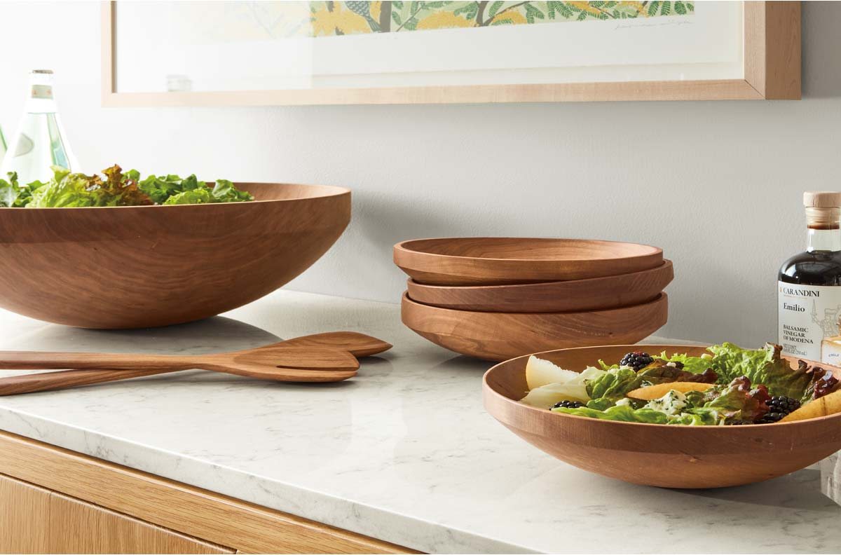 Room & Board wood bowls and utensils