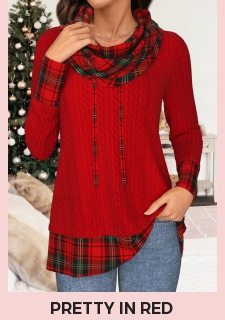 Christmas Red Patchwork Plaid Long Sleeve Cowl Neck Sweatshirt