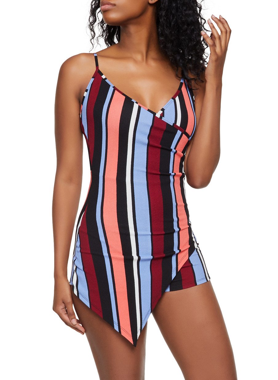 Striped Asymmetrical Faux Wrap Romper