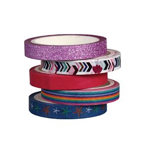 Washi tape rolls in different patterns stacked on top of each other