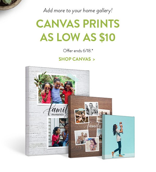 Add more to your home gallery! | Canvas prints as low as $10 | Offer ends 6/18* | Shop canvas>