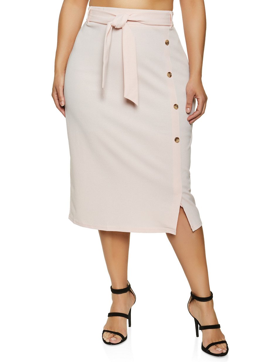 Plus Size Button Detail Tie Waist Pencil Skirt