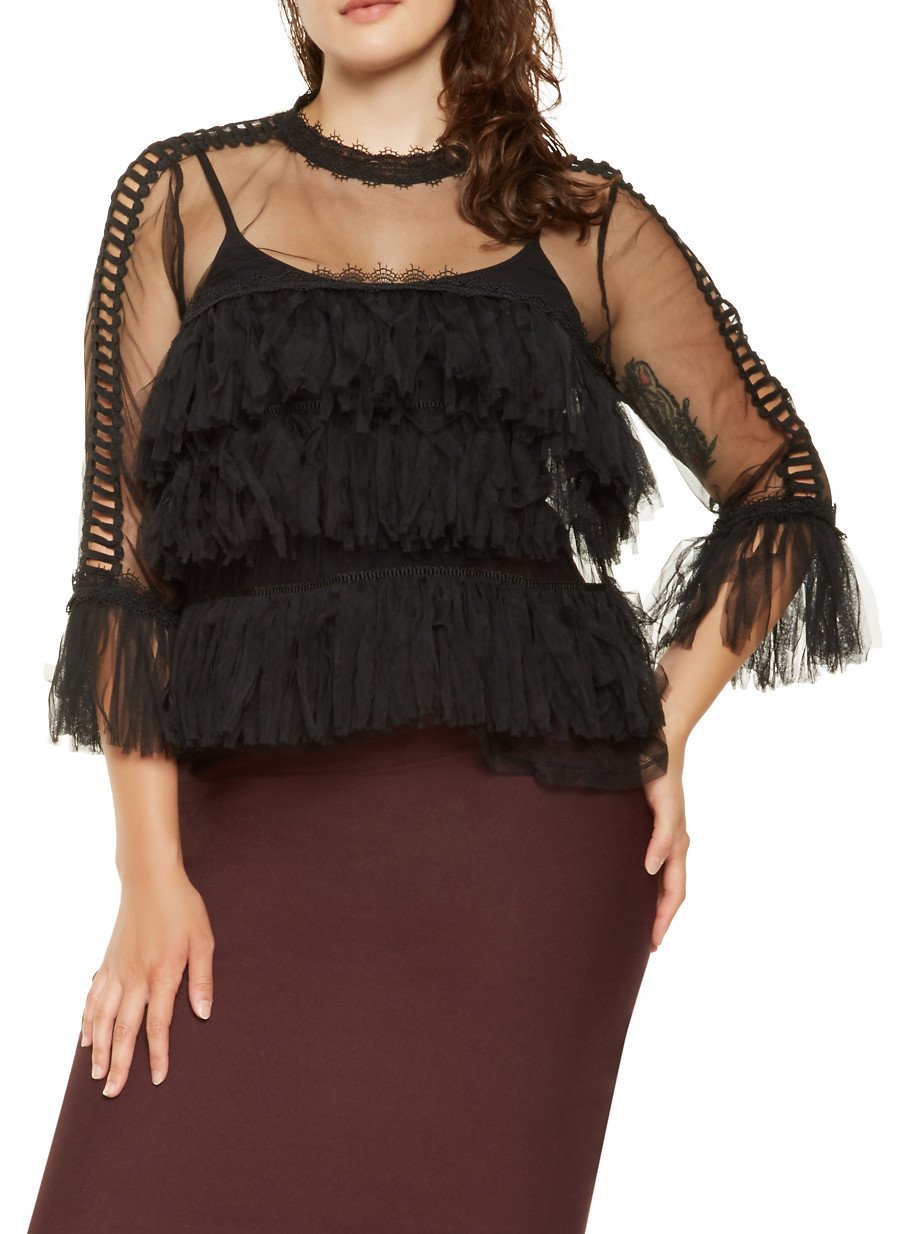 Plus Size Crochet Trim Mesh Top