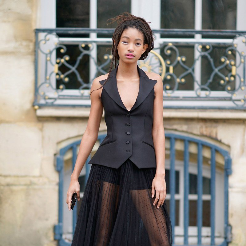 Willow Smith in a tuxedo dress at Dior's Paris Couture Spring 2018 show