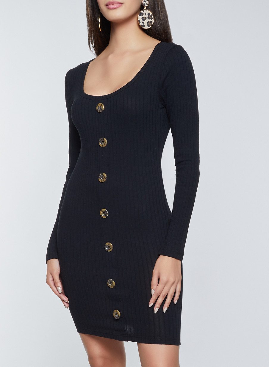 Rib Knit Button Detail Bodycon Dress