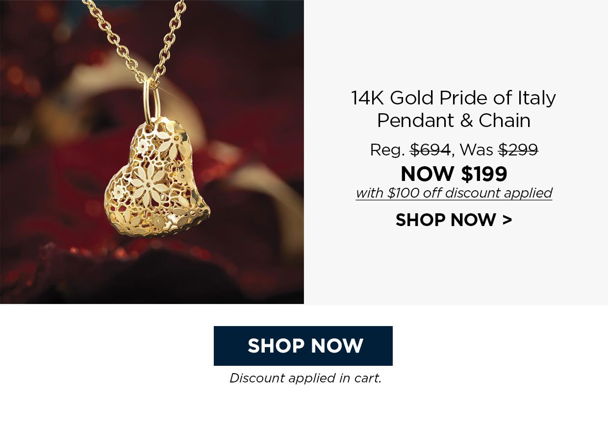 14K Gold Pride of Italy Pendant & Chain Reg. $694, Was $299, NOW $199 with $100 off discount applied. Shop Now link.