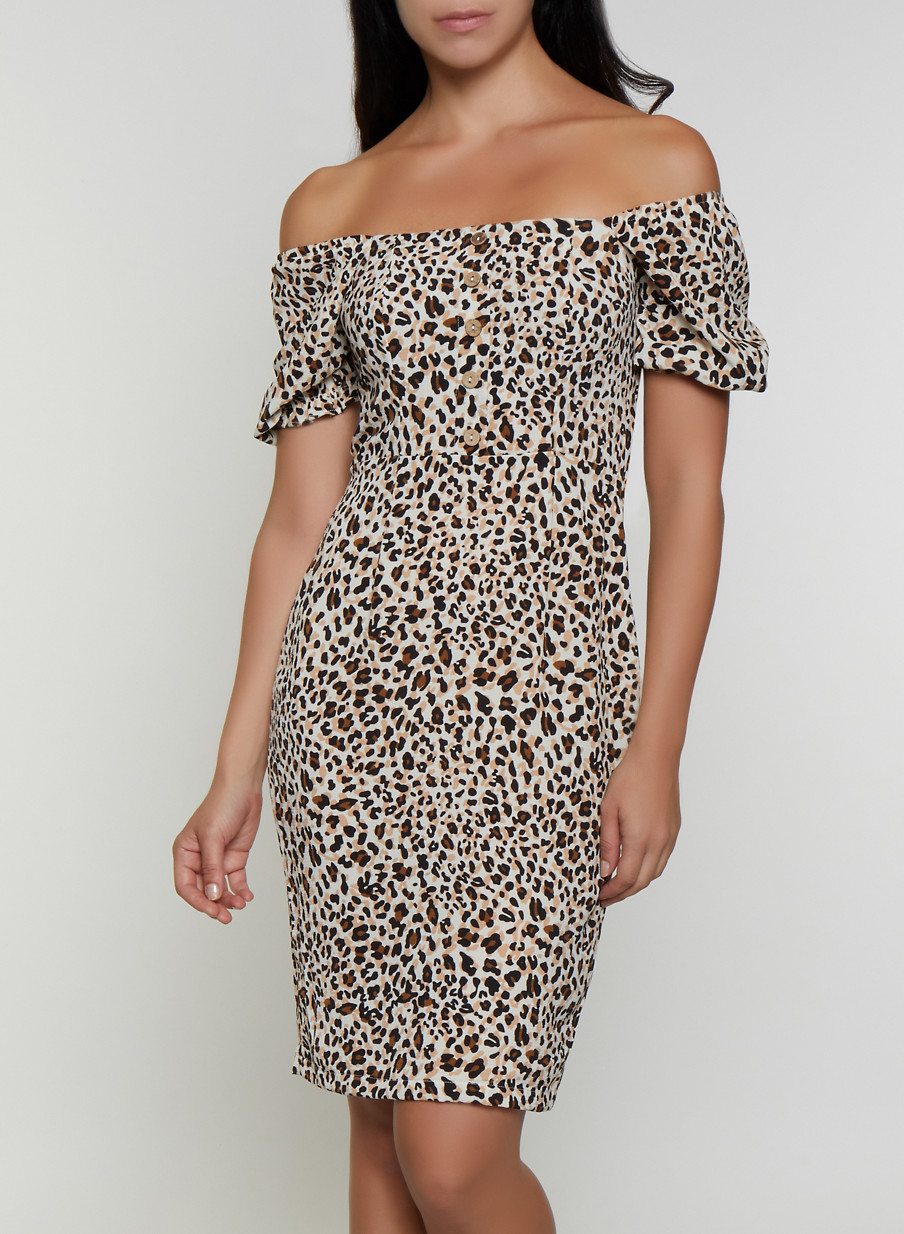 Leopard Off the Shoulder Crepe Knit Dress