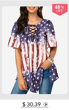 Star and Stripe Print Lace Up Blouse