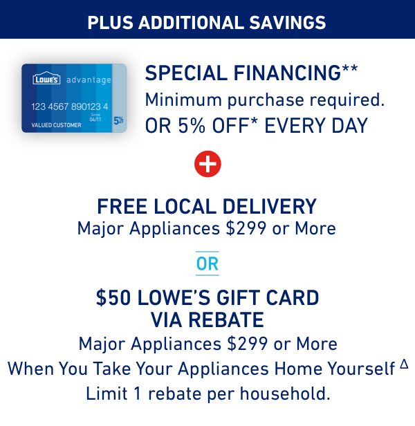 Special financing plus free local delivery or $50 Lowe's Gift Card via rebate.