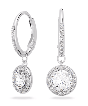 Una Angelic drop earrings, Round cut, White, Rhodium plated
