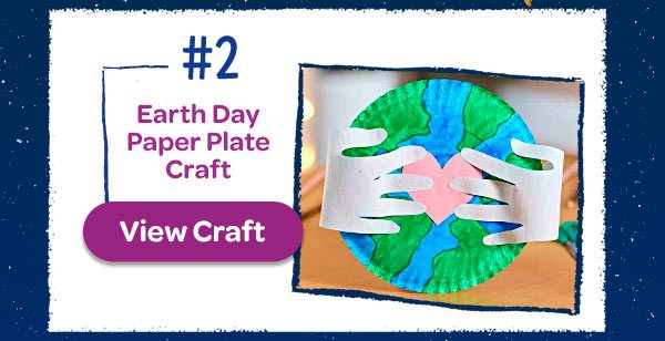 Earth day paper plate craft, with blue and green colored paper plate blued together with a paper heart and hands