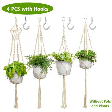 4Pcs Hand-woven Flower Pot Net Pocket Gardening Balcony Plant Lanyard Holder