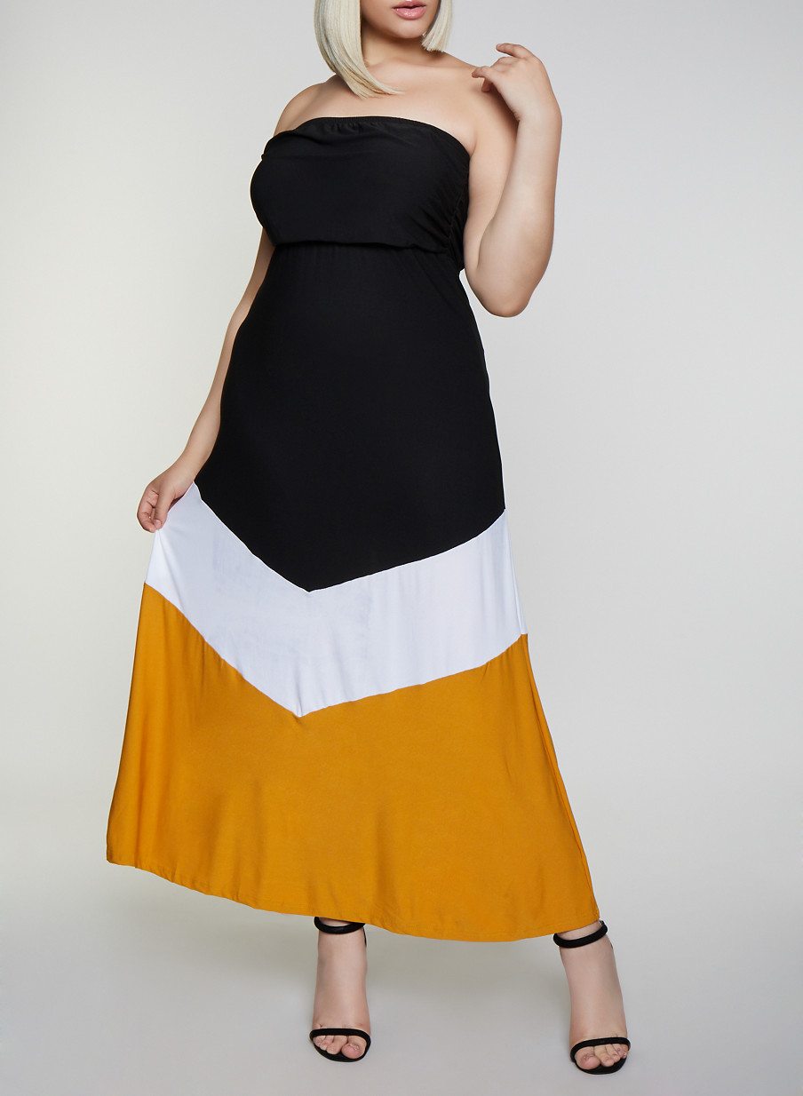 Plus Size Color Block Strapless Maxi Dress