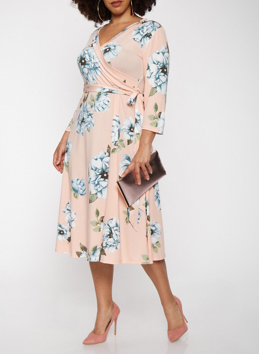 Plus Size Floral Faux Wrap Midi Dress