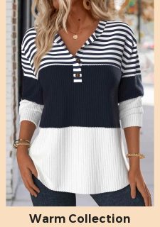 Navy Button Striped Long Sleeve Split Neck Sweatshirt