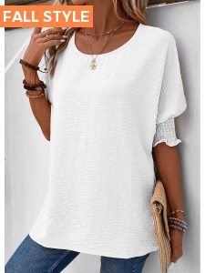 ROTITA Smocked White Round Neck Half Sleeve T Shirt