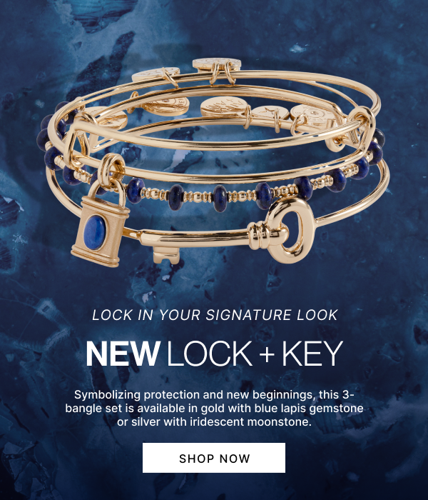 Lock In Your Signature Look | NEW LOCK + KEY | Symbolizing protection and new beginnings, this 3-bangle set is available in gold with blue lapis gemstone or silver with iridescent moonstone.