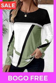 Avocado Green Patchwork Geometric Print Long Sleeve T Shirt