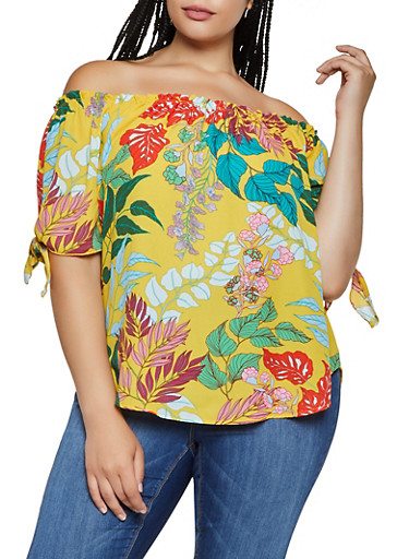 Plus Size Off the Shoulder Leaf Print Top