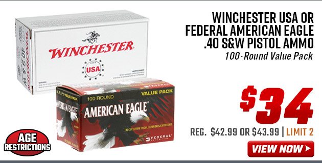 Winchester USA or Federal American Eagle .40 S&W Pistol Ammo 100-Round Value Pack