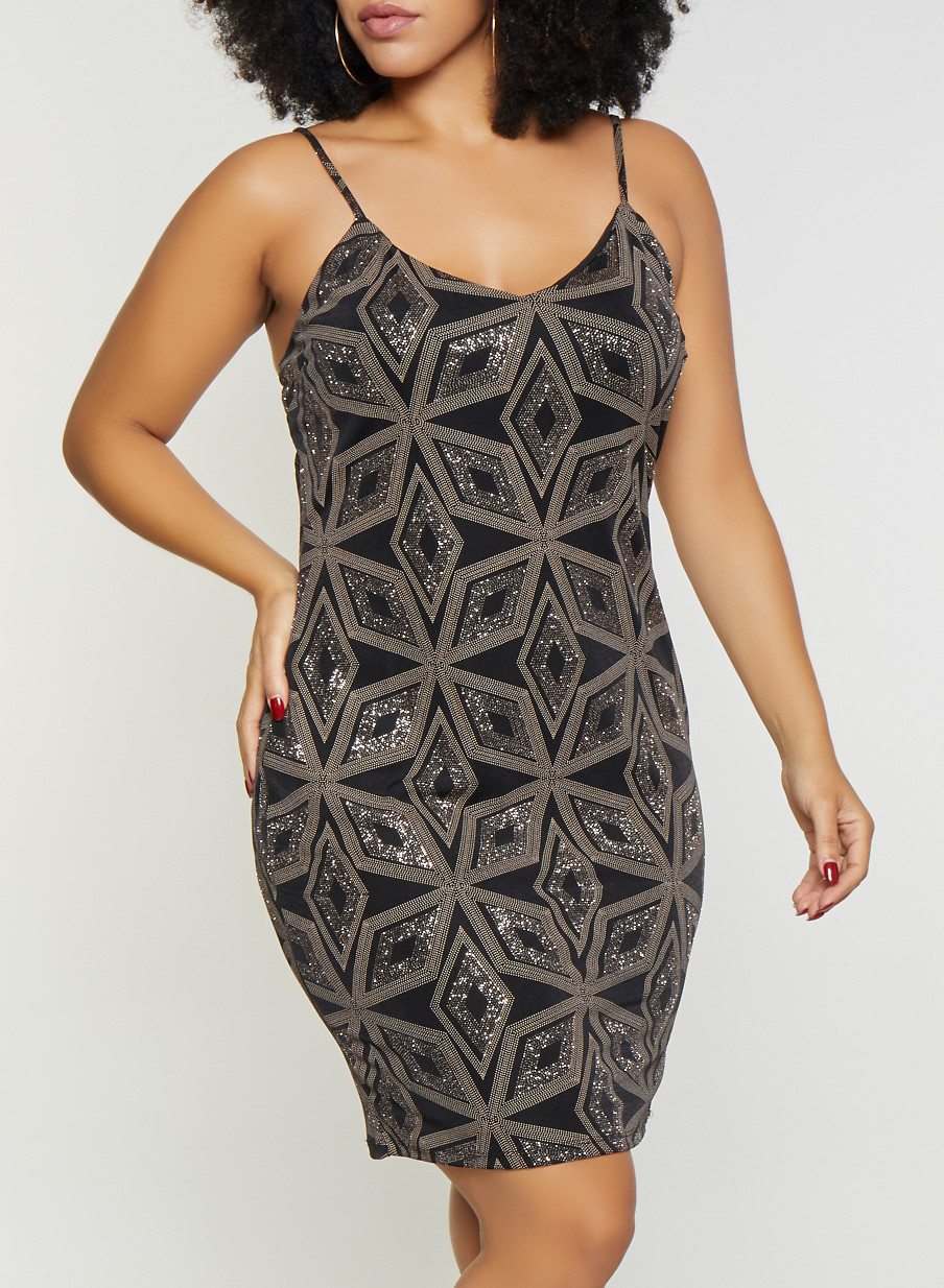 Plus Size Geometric Glitter Print Bodycon Dress