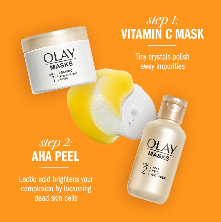 Step 1: Vitamin C Mask Tiny crystals polish away impurities Step 2: AHA Peel Lactic acid brightens your complexion by loosening dead skin cells