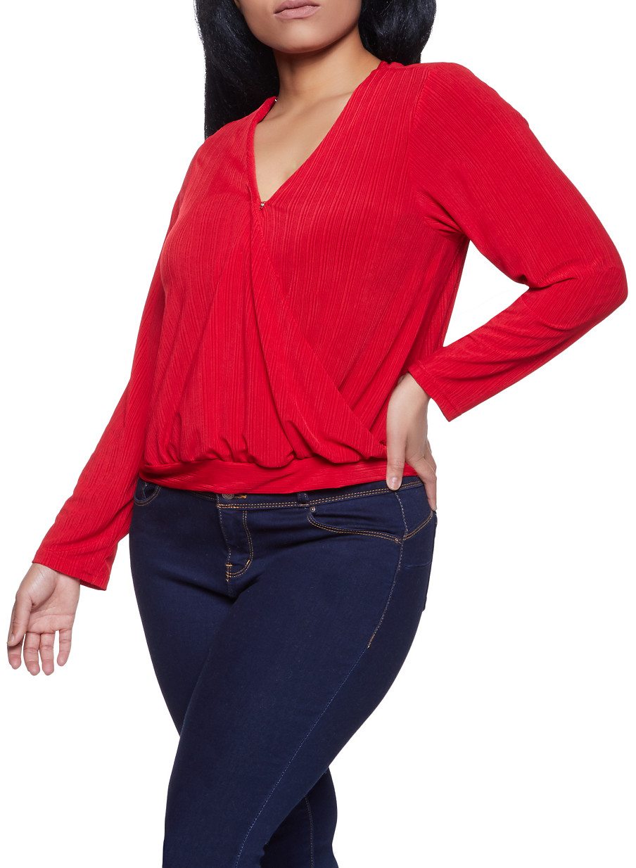 Plus Size Faux Wrap Ribbed Knit Top