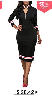 Striped Hem Zipper Front Black Sheath Dress