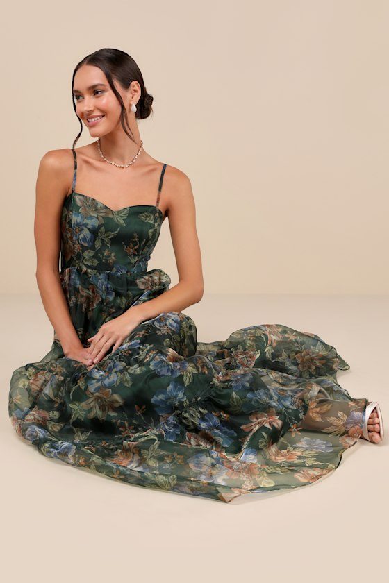 Image of Exclusive Glamour Green Floral Organza Tiered Maxi Dress