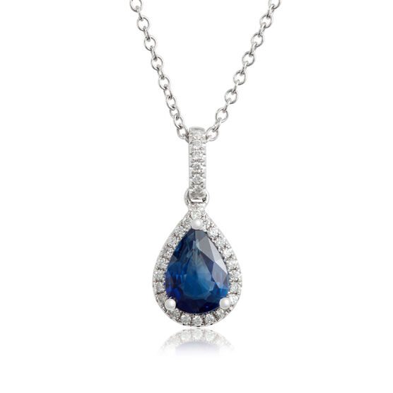 Pear Sapphire & Diamond Halo Drop Necklace 14K