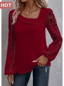 ROTITA Plus Size Lace Wine Red Asymmetrical Neck Blouse