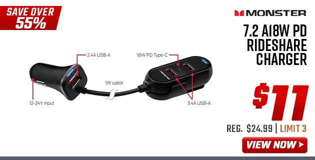 Monster 7.2 A18W PD Rideshare Charger