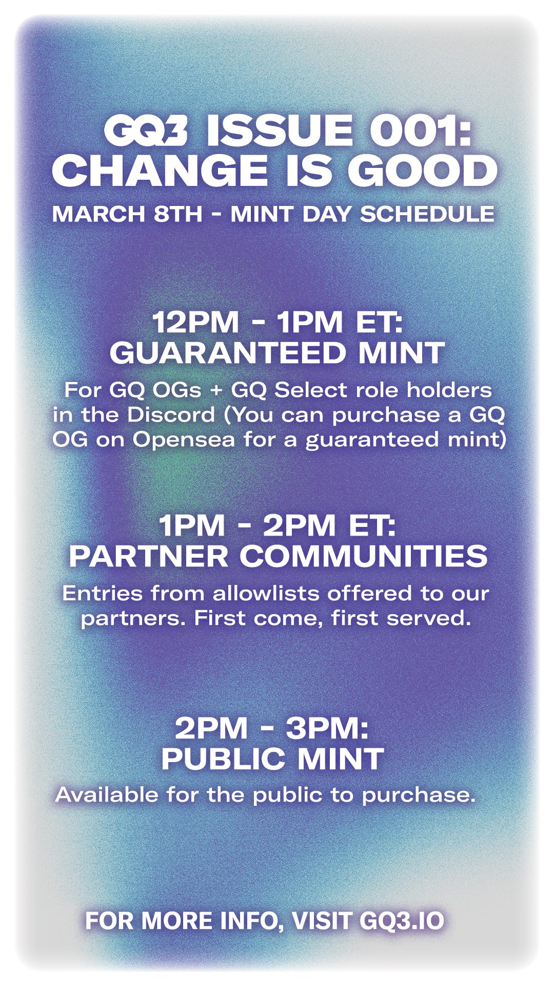 GQ3 Mint Schedule