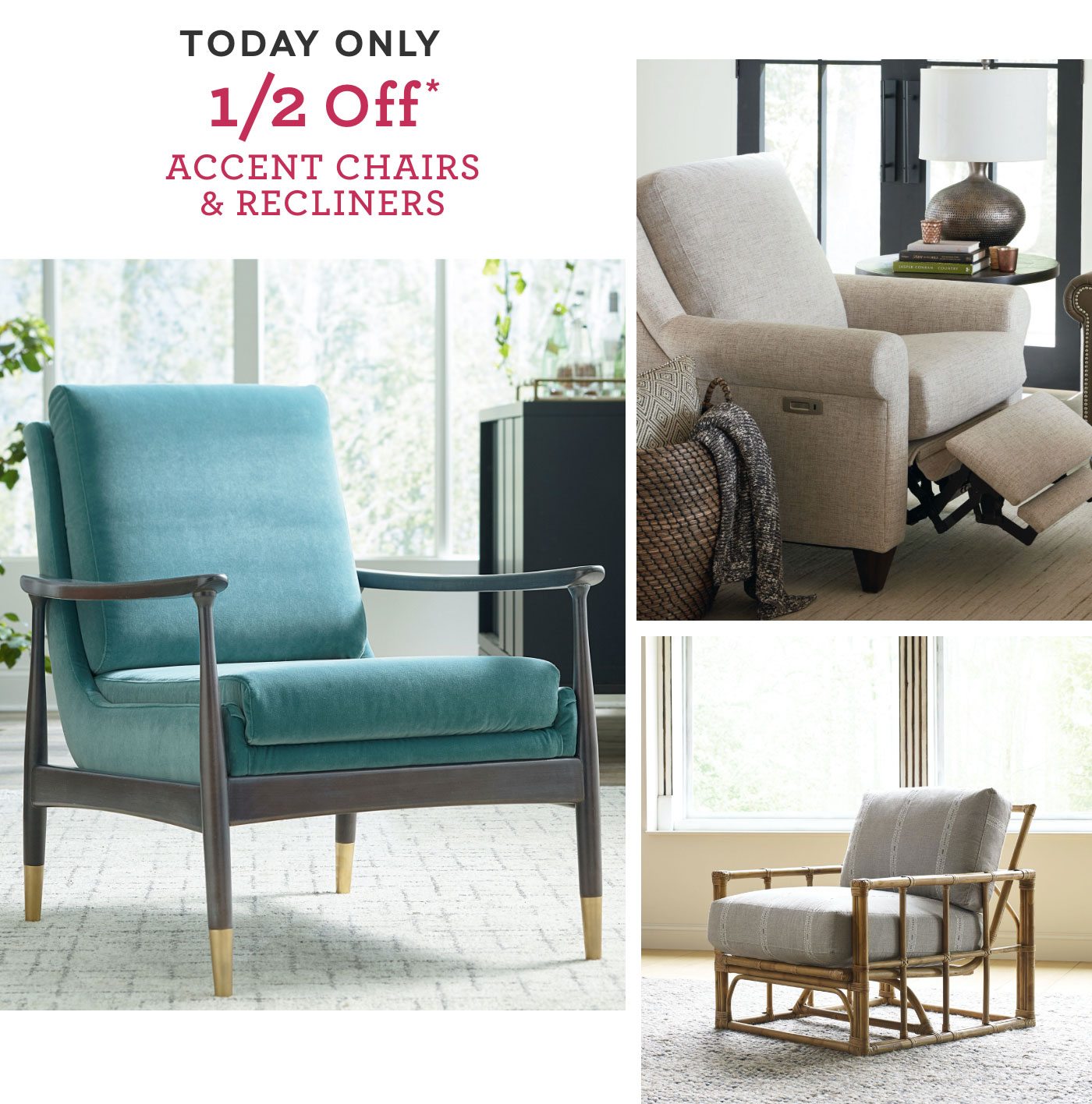 Half off accent chairs and recliners. Shop now.