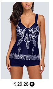 Printed Open Back Navy Padded Tankini Set