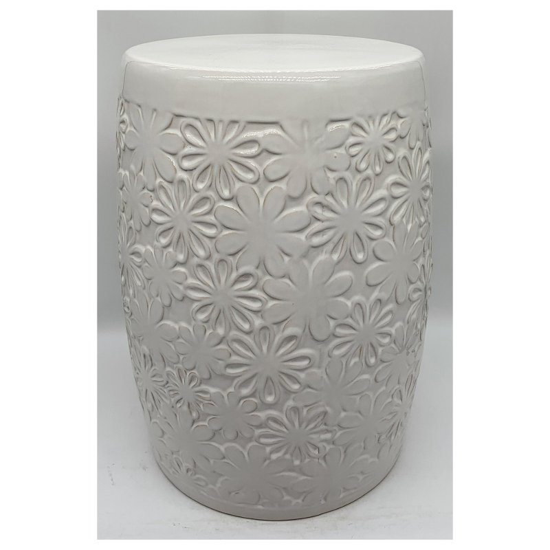 17 Inch Off White Floral Patterned Garden Stool